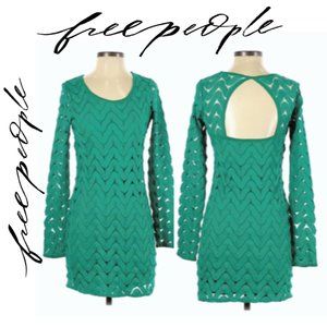 Free People Green Wild Thing Knit, Long Sleeve Open Back Mini Dress